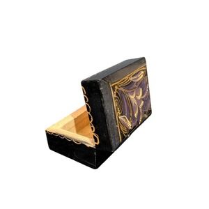 vtg Hand Painted Wooden Trinket Box Black Gold Purple Floral Jewelry Keepsake